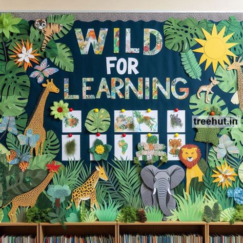 Jungle Bulletin Board Ideas and Activities for Elementary School | Back to School Rainforest Bulletin Board Ideas, Wild About Reading Theme, Jungle Bulletin Board Ideas, Safari Bulletin Board Ideas, Zoo Bulletin Board, Safari Bulletin Boards, English Bulletin Boards, Butterfly Bulletin Board, Jungle Bulletin Boards