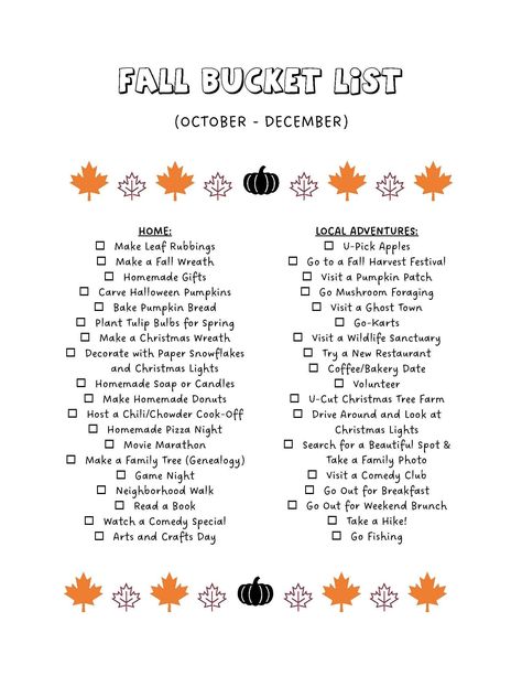 "Fun Bucket List Activity to do this Fall! Live each season to the fullest with this fun checklist poster for kids and adults. You will receive: One 8.5\" x 11\" PDF  DIGITAL FILE - INSTANT DOWNLOAD  This listing is for printable, digital PDF files only. This is not an editable document. No printed material will be shipped to you. * Downloaded products are non-refundable THESE FILES ARE FOR PERSONAL USE ONLY. You may not sell or share the files or any graphics they contain. No commercial use allowed." Seasonal To Do List, September Bucket List For Kids, Fall To Do, Autumn List Things To Do, Fall Goals Bucket Lists, Autumn Bucket List Kids, Fall Activities For Adults, Fun Checklist, Seasonal Bucket List