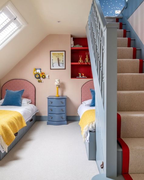 The coolest twin bedroom with upstairs starry playroom. Sooo much love for this one by @studioleat 🙌⁠ ⁠ 📷 @amyharveyphoto | Instagram Bedroom With Upstairs, Upstairs Playroom, Children's Bedroom Ideas, Kids Bedroom Designs, Teen Boy Bedroom, Twin Bedroom, Attic Rooms, Shared Bedrooms, Blue Rooms