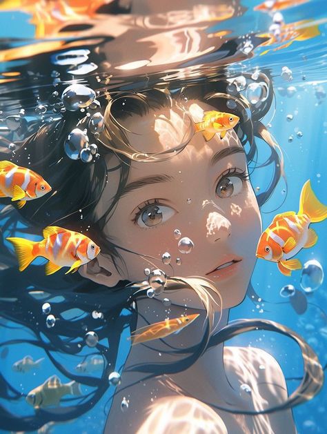 Water Anime Aesthetic, Water Anime, Illustration Kunst, Wallpaper Animes, Under Water, Cool Wallpapers Art, Digital Art Anime, Digital Art Illustration, Art And Illustration