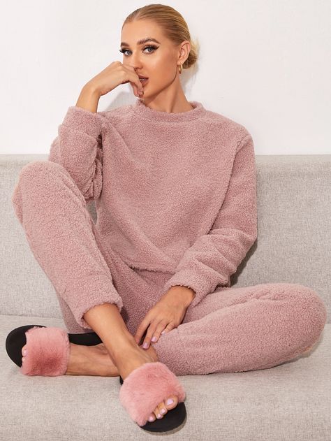 Solid Teddy Top With Pants Lounge Set | SHEIN USA Fleece Sleepwear For Winter Lounging, Winter Fleece Sleepwear For Lounging, Cute Pyjamas Winter, Fuzzy Winter Pajamas, Cozy Fleece Sleepwear, Winter Night Suit, Pyjamas Winter, Winter Fleece Sleepwear, Teddy Sleepwear