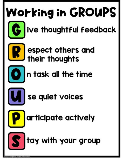 GROUPS Acronym - Teaching with a Mountain View Group Work Rules, Physical Education Rules, Teen Games, Classroom Bulletin Boards Elementary, Poster For Classroom, School Counseling Office, Teaching Classroom Management, Group Rules, Classroom Rules Poster