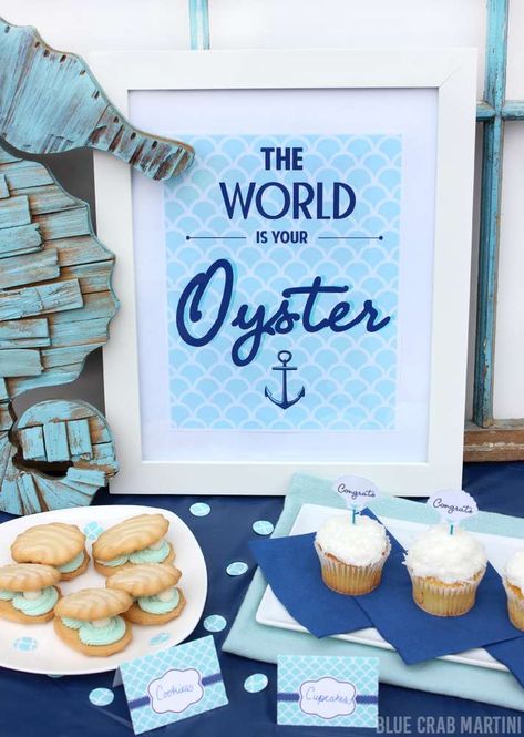 Themed Graduation Party, End Of School Party Ideas, Nautical Baby Shower Boy, College Graduation Party Decorations, Crab Party, End Of School Party, School Party Ideas, Fall Baby Shower Themes, The World Is Your Oyster