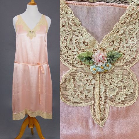 Vintage 1920s Nightgown, 20s Gown, Lace Trim Pink Silk Negligee Slip Dress with Ribbon Flowers, Large 20s Gown, 1920s Nightgown, Silk Negligee, Pink And Blue Ribbon, Nights In White Satin, Dress With Ribbon, 1920 Fashion, Victorian Ladies, Ladies Accessories