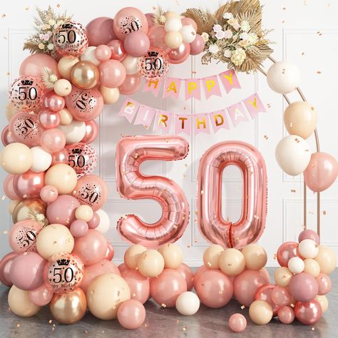 PRICES MAY VARY. 50th BIRTHDAY DECORATIONS:50th rose gold birthday party decorations for women man include 32inch "50"foil balloons,1pc“happy birthday”banner,16pcs pearly rose gold balloons(5+10"),16pcs apricot balloons(5+10"),16pcs pink balloons(5+10"),16pcs retro white balloons(5+10"),10pcs 12inch“50”printed rose gold balloons(pearly,confetti),5pcs metallic rose gold balloons(10"),3pcs metallic champagne gold balloons(10"),2pcs long balloon,glue,balloon strip,ribbon. EASY TO ASSEMBLE：Putting t Rose Pink Decorations Party, 50th Pink Birthday Ideas, 58 Birthday Party Ideas Women, Mom Birthday Party Ideas Decorations, 50th Birthday Party Ideas For Women Mom, Women’s 50th Birthday Party Themes, 50th Birthday Balloon Garland, 50th Birthday Centerpiece For Women, 50th Bday Decoration Ideas