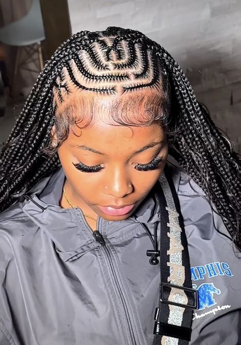 Cornrow Boho Braids Hairstyle, Knotless With Scalp Braids, Cornrows At The Front Braids At The Back, Braids On Scalp, Knotless Braids With Cornrows, Corn Roll All Back Styles, Braids In The Front Curls In The Back, Cainrow Hairstyles, Corn Row Braids