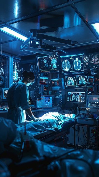 Under the cool glow of blue light, a medical professional attentively monitors the complex array of screens displaying a patient's vital signs. This state-of-the-art medical room is outfitted with advanced diagnostic equipment, suggesting a high-level medical procedure is underway. Amidst the hum of machines and flickering monitors, the focus remains on the patient, lying still on the operating table, entrusting their wellbeing to technology and human expertise. Human Machine Art, Fantasy Medical Room, Medical Technician Aesthetic, Futuristic Medical Technology, Cyberpunk Hospital, Cyberpunk Medtech, Cyberpunk Medic, Futuristic Hospital, Robot City