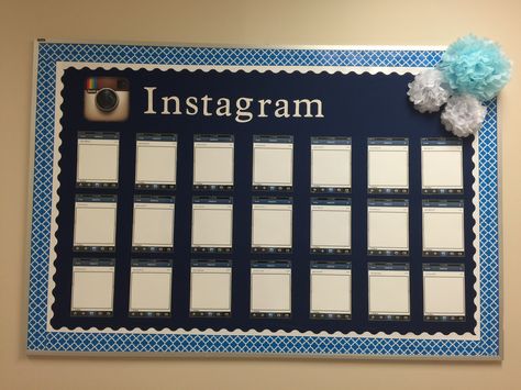 Ms. Livingston and Mrs. West's instagram bulletin board! Bulletin Board Ideas Blue Background, Instagram Bulletin Board, College Theme, Sociology Class, Organization School, Teacher Morale, Classroom Goals, Web Ideas, International Baccalaureate