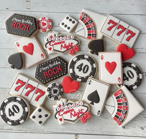 Ace Of Spades Party Theme, Vegas Themed Cookies, Poker Cookies Decorated, Casino Night Cookies, Poker Chip Cookies, Casino Themed Cookies, Las Vegas Cookies, Casino Theme Desserts, Casino Theme Engagement Party