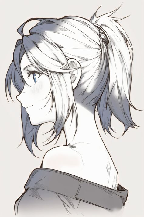 Anime Messy Hairstyles Female, Anime Face Side Profile, Ponytail Drawing Reference Side View, Long Wavy Anime Hair, Short Ponytail Drawing, Anime Looking Over Shoulder, Hair Styles Drawing Reference Female, Hair Laying Down Drawing, Anime Wavy Hair Female