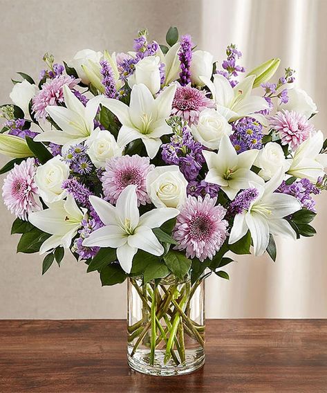 Bouquet Of Lavender, White Floral Arrangements, Purple And White Flowers, Spring Floral Arrangements, Clear Glass Vase, Easter Lily, Flower Vase Arrangements, Arrangement Ideas, Flower Arrangements Simple