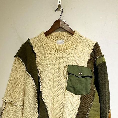 Remake_by_Yi on Instagram: "Patchwork Knit Sweater  Sold out  (Vintage military uniform , Vintage Fisherman Sweaters）  Remade sweater series products launched last winter have been well received since they were launched. I use fisherman sweaters and military vintage to remake. The size is very loose. Every stitching is hand-stitched.  Each piece is unique and cannot be copied." Upcycled Sweaters Ideas, Upcycling Sweaters, Fisherman Sweaters, Vintage Military Uniforms, Sweater Upcycle, Vintage Fisherman, Patchwork Knit, Patch Sweater, Upcycled Sweater