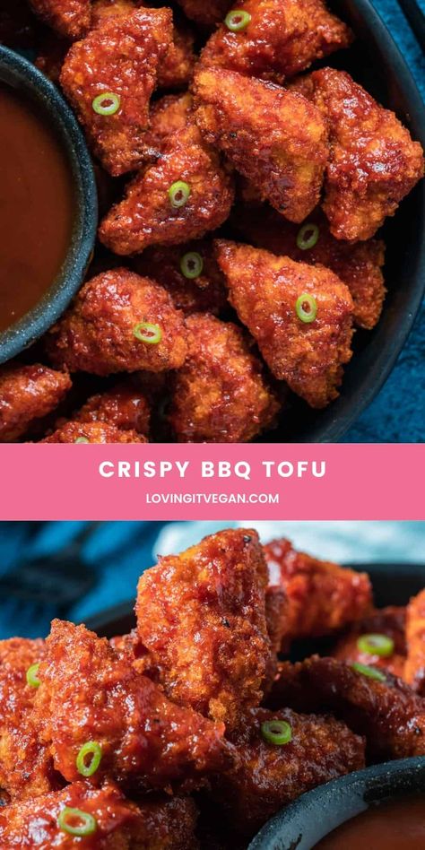 This crispy oven-baked BBQ tofu is seriously addictive! It's also a super easy recipe that can be served as an appetizer or side dish, and even makes a perfect main course. | lovingitvegan.com Vegetarian Ribs Recipes, Bake Tofu Oven, Tofu Recipes Appetizers, Vegan Butter Tofu, Crispy Bbq Tofu, Baked Bbq Tofu, Todu Recipe, Crispy Tofu Oven, Tofu Bbq Recipes