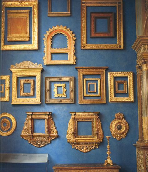 Gold frames evoke a feeling of opulence and wealth - making us feel richer. Hang your favorite artwork in a gold frame for maximum effect. Antique Picture Frames, Attic Room, Color Forecasting, Store Interiors, Antique Pictures, Antique Frames, Gallery Frame, Restaurant Interior, Blue Walls