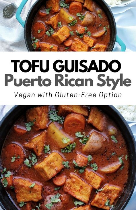 Go plant-based and enjoy your cozy bowl of Puerto Rican Tofu Guisado. Completely meat-free made with "meaty" tofu, tender potatoes, carrots chunks, and a variety of Puerto Rican spices. #vegan #stew #tofustew #polloguisado #comfortfood Carribean Tofu Recipes, Popular Vegan Recipes, Christmas Eve Dinner Vegetarian, Latin Vegetarian Recipes, Potato Tofu Recipe, Vegan Puerto Rican Food Recipes, Caribbean Tofu Recipes, Vegan Pollo Guisado, Weeknight Vegan Dinners