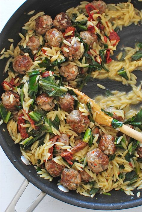 Orzo with Collard Greens, Sausage Meatballs and Sundried Tomatoes / Bev Cooks Meatballs And Orzo, Kale Recipe, Collard Greens Recipe, Sausage Meatballs, Pastas Recipes, Orzo Recipes, Csa Recipes, Sundried Tomatoes, Collard Greens