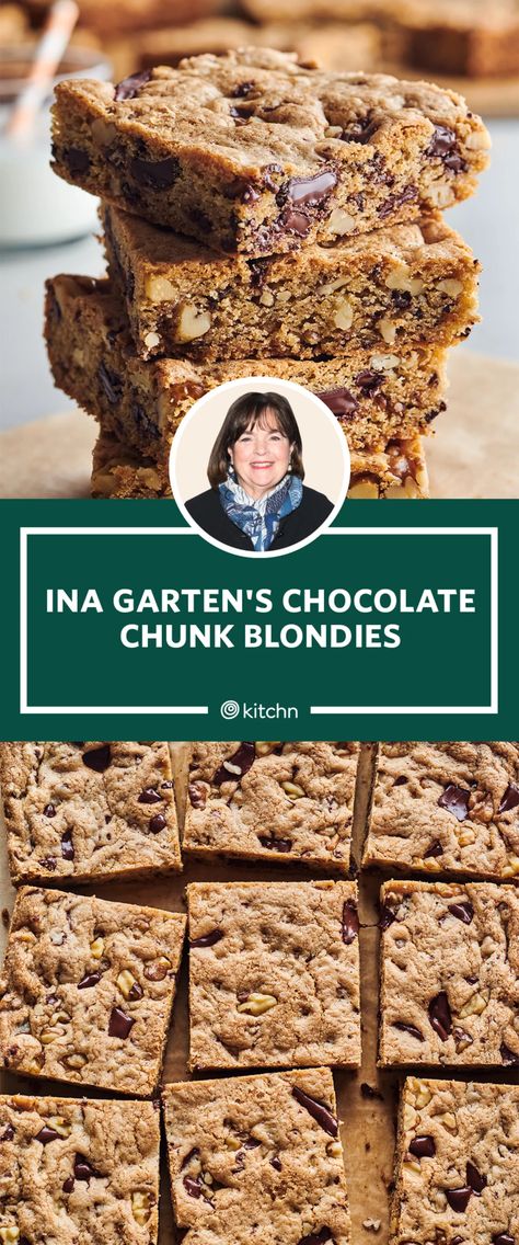 Ina Garden Brownie Recipe, Ina Garden Recipes Desserts, Ina Garten Chocolate Chip Cookies, Chocolate Chunk Blondies, Best Ina Garten Recipes, Ina Garden, Chocolate Chunk Brownies, Chocolate Cookie Bars, Chocolate Blondies