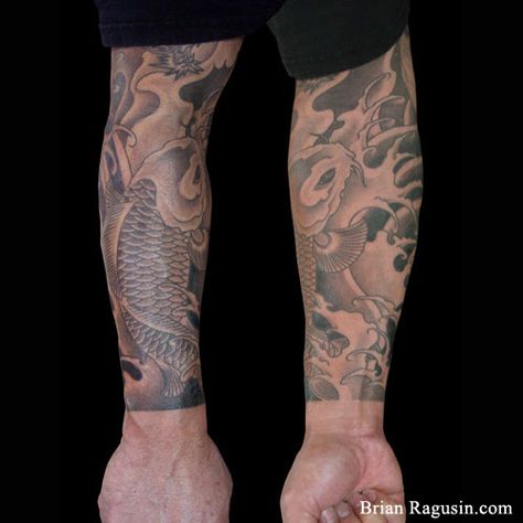 #Japanese black and grey #koi fish #tattoo with waves Forearm Koi Fish Tattoo Men, Koi Fish With Waves Tattoo, Wave And Fish Tattoo, Coy Fish Tattoo Sleeve, Koi Fish Waves Tattoo, Irezumi Black And Grey, Black And Grey Japanese Sleeve, Koi Fish Tattoo Men, Japan Wave Tattoo