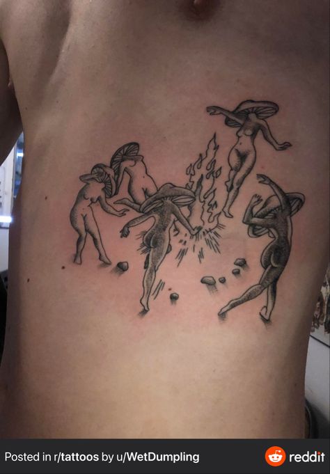 Mushroom Lady Tattoo, Dancing Around A Fire, Mushroom Lady, Dance Tattoo, Ladies Dancing, Lady Tattoo, Fire Drawing, Prison Tattoos, Mushroom Tattoos