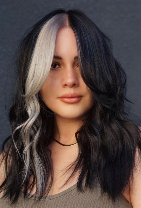 White Highlights With Bangs, Black Hair Blonde Color Block, Part Blonde Part Black Hair, Black Hair With Bright Money Piece, Quarter Panel Hair Color, Two Tone Money Piece Hair, Quarter Dyed Hair Blonde And Brown, Blond Block With Brown Hair, Black Hair With Fashion Colors