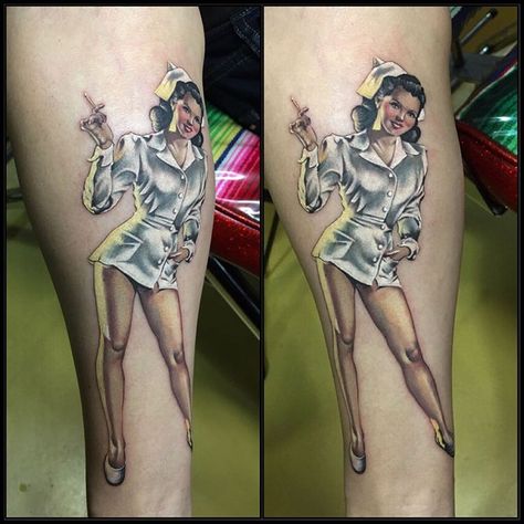 Nurse Pinup Tattoo, Nurse Pin Up Tattoo, Nurse Pinup, Pin Up Nurse, Zombie Pin Up, Pin Up Girl Tattoo, Nurse Tattoo, Full Tattoo, Nursing Pins