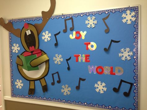 Reindeer singing 'joy to the world' Christmas Bulletin Board Decorations, World Bulletin Board, December Bulletin Boards, Door Bulletin Boards, Music Bulletin Boards, Christmas Bulletin Boards, Christmas Bulletin Board, Church Bulletin Boards, Library Bulletin Boards