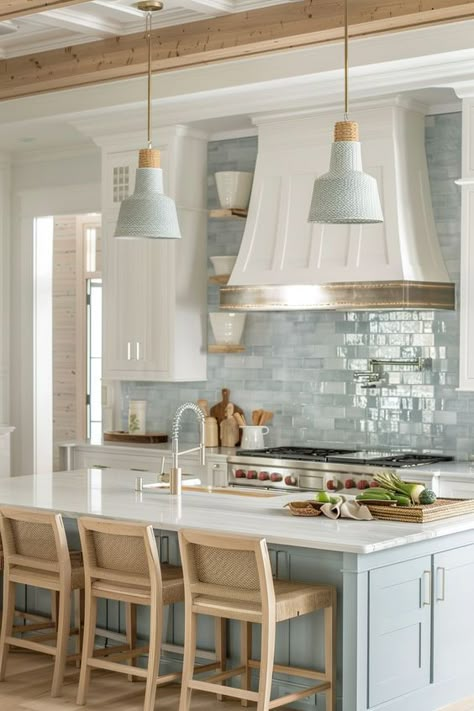 Cottage Style Homes Interior Kitchen, Coastal Houses Interior, Modern Beach House Kitchen Ideas, Timeless Blue Kitchen, Coastal Farmhouse Kitchen Design, Bright Kitchen Aesthetic, Kitchen Blue And Wood, White Beach House Interiors, Contemporary Coastal Kitchen