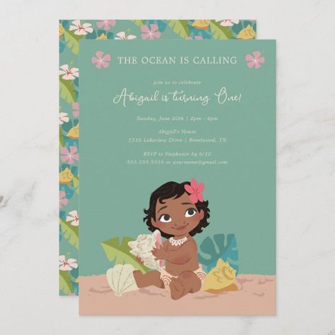 Disney's Moana | The Ocean is Calling 1st Birthday Invitation Moana Party Invitations, Disney Princess Theme Birthday Party, Birthday Party Details, Moana Invitation, Moana Birthday Party Theme, Invitation Disney, Moana Birthday Invitation, Moana Theme Birthday, The Ocean Is Calling