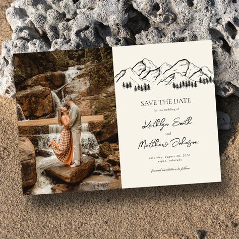 Minimalist Outdoor Wedding, Green Wedding Save The Date, Mountain Minimalist, Fall Mountain Wedding, Rustic Wedding Save The Dates, Mountain Wedding Invitations, Terracotta Wedding, Rustic Save The Dates, Wedding Magnet