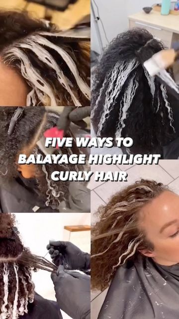 Evan Joseph - Curl Care Simplified on Instagram: "💡 Did you know there isn’t just one way to highlight curly hair? Here are my top 5 techniques @kenraprofessional #kenrapartner ⬇️ 1️⃣Single Curls - Painting individual curls is the classic way and most comparable to what some call pintura. Although it takes a little more time it’s still my classic go to on wavy to curly hair. 2️⃣Curl Weave - by using a traditional highlighting technique originally reserved for foiling you can balayage a head fu Highlight Techniques For Curly Hair, How To Highlight Curly Hair At Home, Curly Hair Foils, Natural Curly Balayage Hair, How To Do Highlights On Curly Hair, Highlighting Curly Hair, Highlighting Curly Hair Technique, Silver Highlights On Curly Hair, Balayage On Black Hair Curly