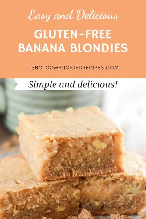 These Gluten-Free Banana Blondies are rich, buttery and fudgy with the fresh, vibrant flavour of banana. They are so quick and easy to make they are certain to become a family favourite. #glutenfreeblondies #glutenfreesweets #bananablondies #glutenfreedesserts #cravecookconsume #itsnotcomplicatedrecipes Gluten Free Banana Blondies, Healthy Banana Blondies, Overripe Banana Recipes Gluten Free, Gluten Free Banana Brownies, Gluten Free Banana Desserts, Banana Blondes, Banana Gluten Free Recipes, Gluten Free Banana Bars, Gluten Free Banana Recipes