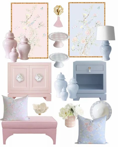 Chinoiserie Nursery, Blue Nursery Girl, Chinoiserie Home, Chinoiserie Bedroom, Blue Girls Rooms, Flower Knobs, Chinoiserie Garden, Chinoiserie Panels, Pink Ginger