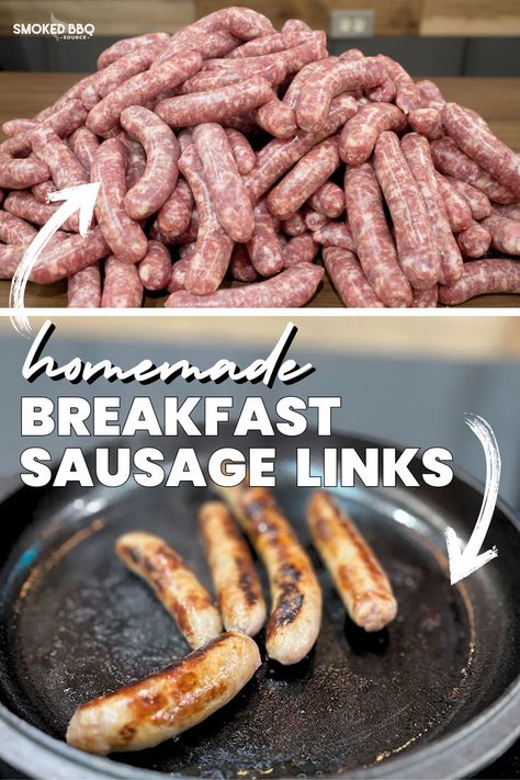 Two image collage with uncooked breakfast sausage links and sausages on a cast iron pan