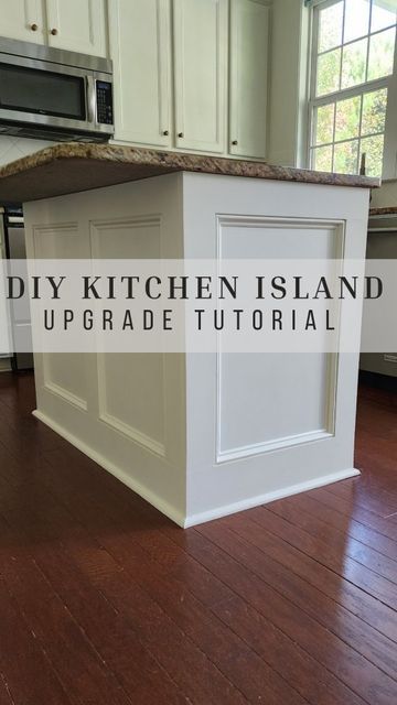 Mary Johanson | DIY Tutorials + Home Maintenance & Inspiration on Instagram: "Comment "link" below for the full blog post tutorial! What do you think? I wish I had done this a lot sooner! ✔️1x6's for the bottom ✔️1x4's for the top and verticals ✔️Picture frame molding for the inside of each "square" ✔️round shoe molding around the bottom ✔️ wood filler for seams and nail holes then sand ✔️ caulk and paint Save this for your project list! ❤ #makersgonnamake #kitchen #modernfarmhouse #maker Framed Kitchen Island, Adding Molding To Kitchen Island, Kitchen Trim Ideas Moldings, Add Trim To Kitchen Island, Cabinet End Panel Ideas Diy, Island Molding Ideas, Kitchen Island Molding Ideas, Kitchen Island Makeover Ideas, Kitchen Island Molding