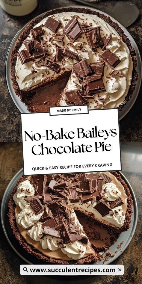 Creamy, chocolatey, and full of Baileys Irish Cream, this no-bake pie is the perfect indulgence for dessert lovers. Baileys Chocolate Cream Pie, Baileys No Bake Cheesecake, Bailey Dessert Recipes, Baileys Dessert Recipes Easy, Baileys Pie, Baileys Chocolate Pie, Baileys Dessert Recipes, Baileys Recipes Desserts, Baileys Desserts