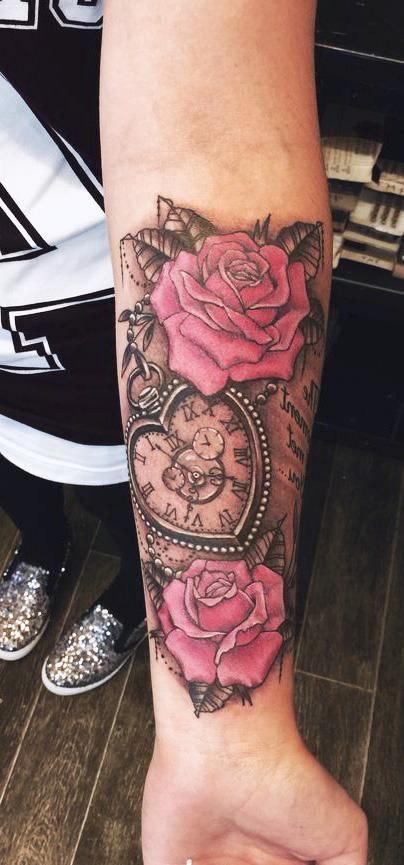 Lower Forearm Tattoo Woman, Colorful Arm Tattoos For Women, Tattoos Clock, Unique Forearm Tattoos, Girls Watch, Girl Arm Tattoos, Tattoo Forearm, Beautiful Flower Tattoos, Tattoo Zeichnungen