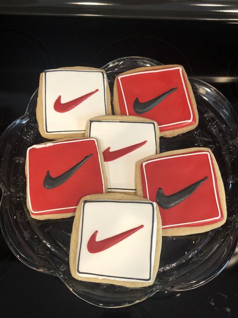 Nike Cookies Decorated, Nike Cookies, Jordan Cookies, Nike Birthday Party Ideas, Nike Birthday, Nike Party, Football Sugar Cookies, Nike Cake, Boys 8th Birthday