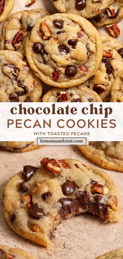 These irresistibly soft and chewy Chocolate Chip Pecan Cookies are a perfect option when a cookie craving hits. Only about 15 minutes to prep filled with toasted pecans and all the chocolate chips. A new family favorite cookie you will love! Breakfast Peanut Butter, Chickpeas Roasted, What To Bake, Cookie Recipes Chewy, Chocolate Chip Pecan Cookies, Lemon Cookies Recipes, Butter Pecan Cookies, Peanut Butter Chocolate Chip Cookies, Cookies And Milk