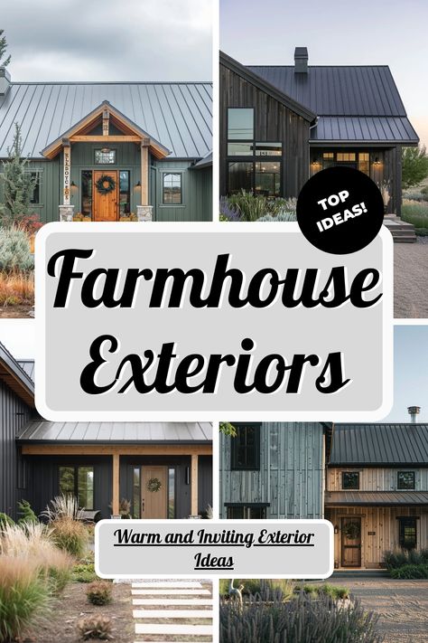 ♥️ Dreaming of a picturesque farmhouse exterior? 🏡 Embrace the charm of a modern farmhouse with its crisp white paint and rustic touches. Whether you prefer a cottage farmhouse or a coastal vibe, these farmhouse exterior ideas will inspire your next home project. 🌿✨ #farmhouse #modernfarmhouse #houseexterior #exteriordesign #homedecor #dreamhome Exterior House Decor Ideas, 2025 Home Exterior Trends, White Siding With Black Trim, White Farmhouse With Black Trim, Dark Stone Exterior Houses, Single Level Farmhouse, Farmhouse Exterior Makeover, Metal Roof Farmhouse, Modern Farmhouse Front Porch Ideas