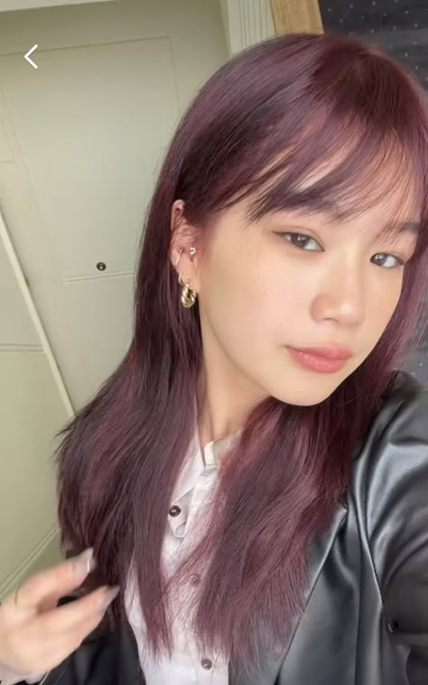 Dark Purple Hair Asian, Red Hair On Asian, Dark Red Asian Hair, Burgundy Hair Asian, Red Asian Hair, Plum Red Hair Color, Asian Purple Hair, Dyed Asian Hair, Dyed Hair Asian