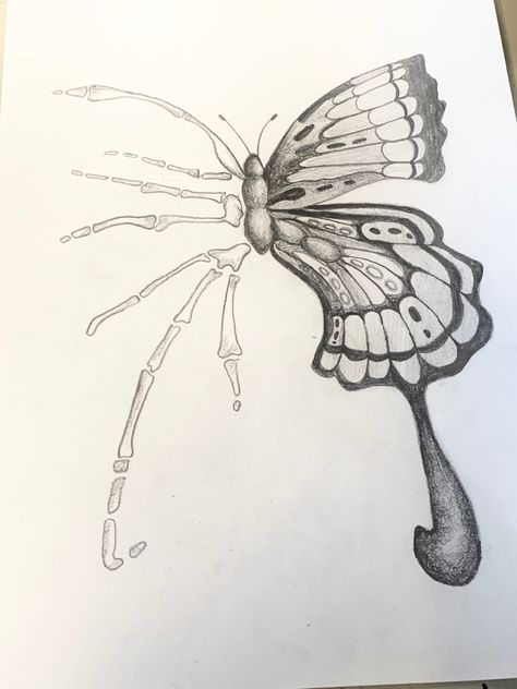 Half Butterfly Half Bones, Bones Butterfly Tattoo, Stomach Meet Butterflies Drawing, Gcse Butterfly Art, Gcse Art Butterflies, Butterfly Bones Tattoo, Skeleton Butterfly Drawing, Trippy Butterfly Drawing, Skeletal Butterfly