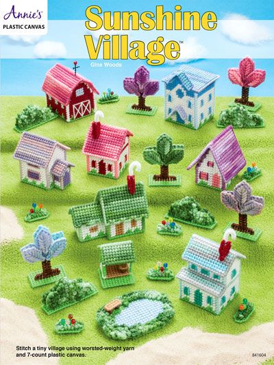 Plastic Canvas Tiny Villages Pattern – Needle Work Sunshine Village Plastic Canvas, Plastic Canvas Village Patterns Free, Pond Trees, Plastic Canvas Village, Gingerbread House Patterns, Sunshine Village, Plastic Canvas Books, Plastic Canvas Coasters, Gingerbread Village