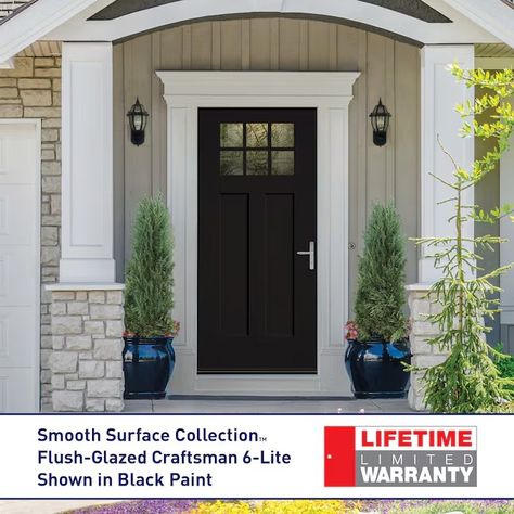 Therma-Tru Shaker 32-in x 80-in x 6-9/16-in Fiberglass Craftsman Right-Hand Inswing Obsidian Painted Prehung Front Door with Brickmould Insulating Core in the Front Doors department at Lowes.com Craftsman Front Door, Basement Refinishing, Craftsman Front Doors, Single Front Door, Front Door Trim, Traditional Front Doors, Fiberglass Exterior Doors, Front Door Styles, Therma Tru