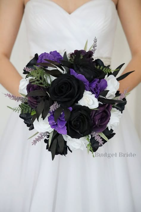 This magnificent rounded brides’ bouquet is crafted using black and plum roses with purple hydrangea of the highest quality. This elegant bouquet is sure to leave a lasting impression. The delicate lavender fronds in this collection, create a bright and dazzling arrangement that is sure to turn heads. With a mixture of foliage and greenery this bouquet is sure to make a statement. All of our bouquets are a wonderful option for destination weddings, as they can be bought in advance and easily sto Black And Purple Wedding Ideas, Lavender And Black Wedding Theme, Black Purple And Gold Wedding, Black And Lilac Wedding, Black And Plum Wedding, Black White Purple Wedding, Purple And Black Wedding Flowers, Purple Black And Gold Bouquet, Purple Black And White Wedding Flowers