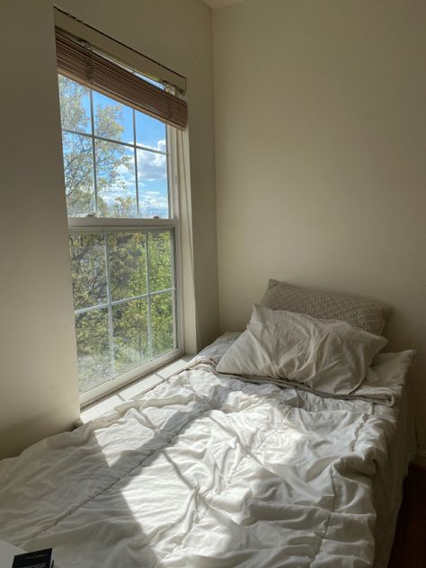 Bed By The Window Aesthetic, Bed In Front Of Window Aesthetic, Window Bed Aesthetic, Bed Window Aesthetic, Bed Under Window Small Room, Bed Near Window Ideas, Bed By Window Ideas, Single Bed Aesthetic, Bed Next To Window