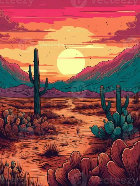 illustration of a desert scene with a cactus and a sunset. generative ai. Sunset In The Desert, Desert Scene Painting, Desert Illustration Art, Cactus Mural, Desert Sunset Art, New Mexico Sunset, Sunset Simple, Desert Paintings, Desert Drawing