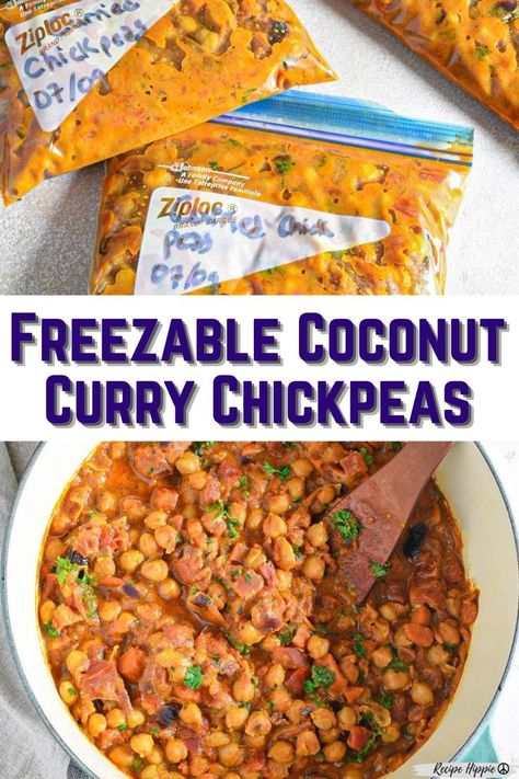 Simple Freezer Meals, Coconut Curry Vegetarian, Coconut Chickpea Curry, Vegan Freezer Meals, Coconut Chickpea, Curry Vegetarian, Healthy Curry Recipe, Vegetarian Freezer Meals, Frozen Drink Recipes