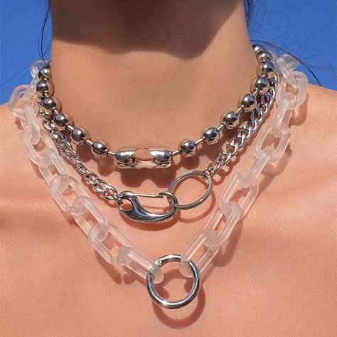 Acrylic Chain Necklace, Queer Jewelry, Big Chain Necklace, Foodie Outfit, Three Necklaces, Goth Necklace, Lock Pendant, Metal Choker, Chain Lock