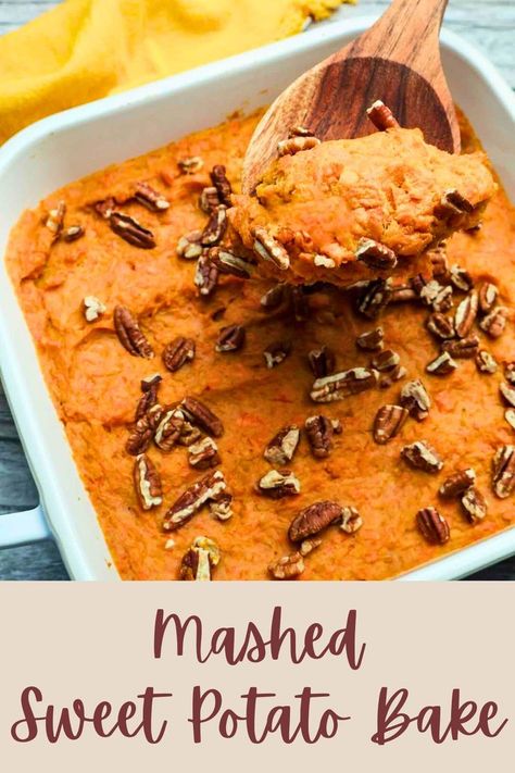 A pan of mashed sweet potato bake with wooden spoon. Healthy Sweet Potato Casserole, Sweet Potato Bake, Sweet Potato Casserole Healthy, Holiday Casseroles, Mashed Sweet Potato, Sweet Potato Side Dish, Sweet Potato Sides, Healthy Sweet Potato, Potato Bake