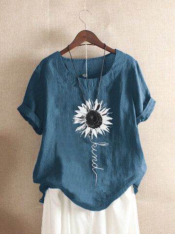 new ONLY FOR YOU 334958 - NEWCHIC Mobile Painted Clothes, Sunflower Print, Floral Print Tops, Round Neck Tops, 가을 패션, Clothing Inspiration, Fabric Painting, Short Sleeve Blouse, Dress Designs